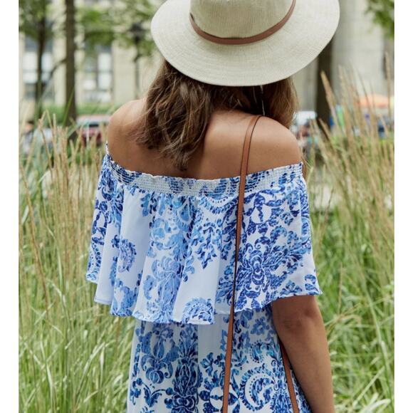 SHOW ME YOUR MUMU Rosarita Off Shoulder Romper Blue White XS - Picture 8 of 8